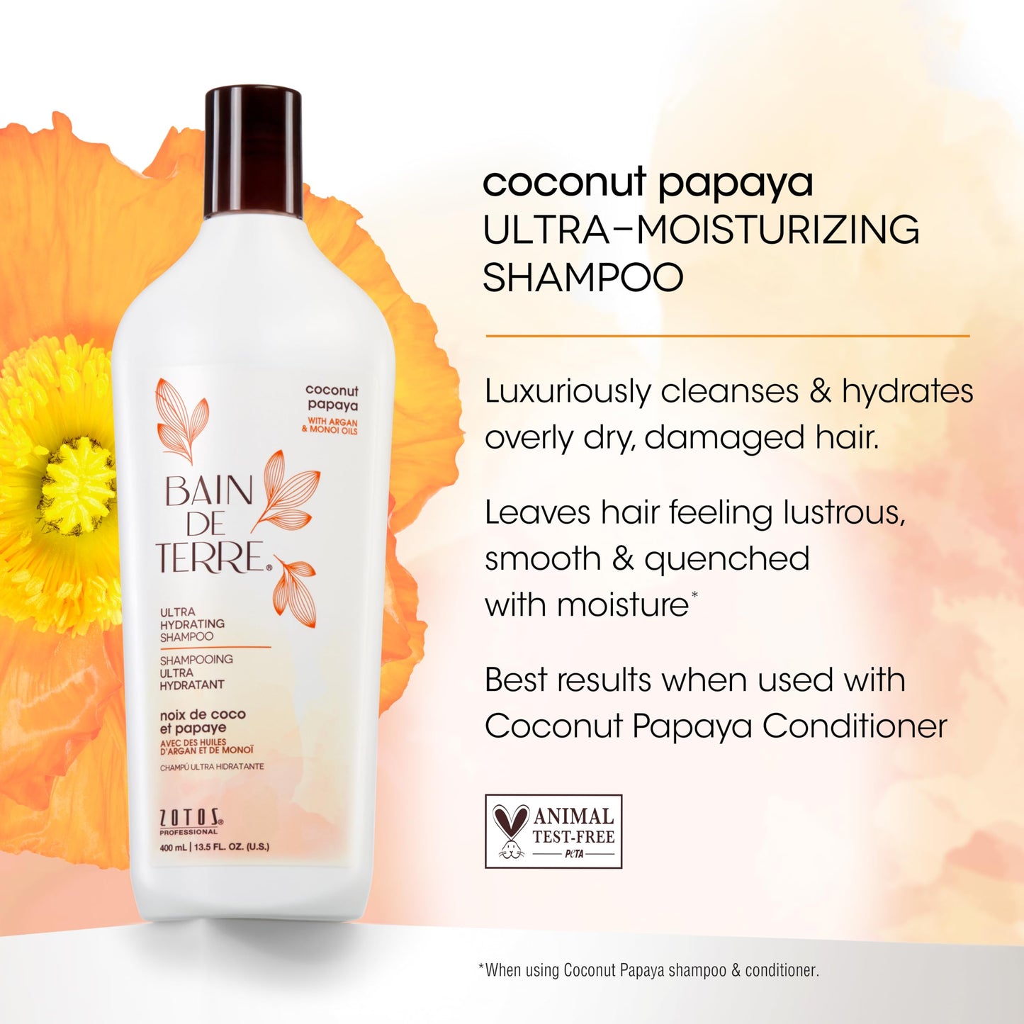 Bain de Terre Coconut Papaya Ultra Hydrating Shampoo, Moisture Quench for Dry, Damaged Hair, with Argan & Monoi Oils, Paraben-Free, Color-Safe