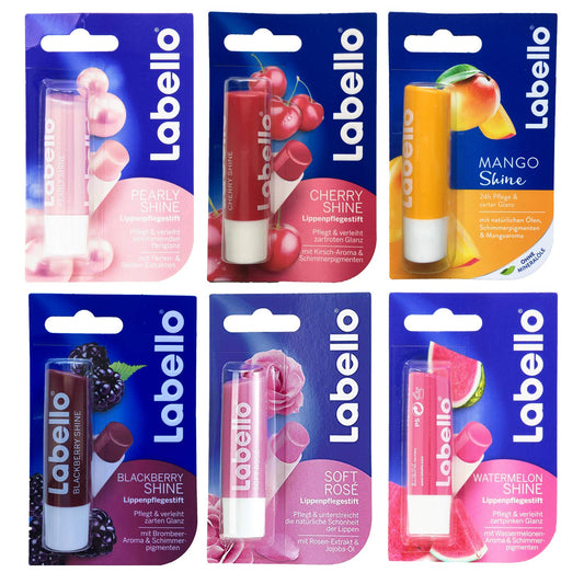 Lip Balm Bundle containing 6 Different Labello Lip Balms - Pearly Shine, Cherry Shine, Mango, Black berry Shine, Soft Rose, Watermelon Shine Beauty and Personal Care Labello