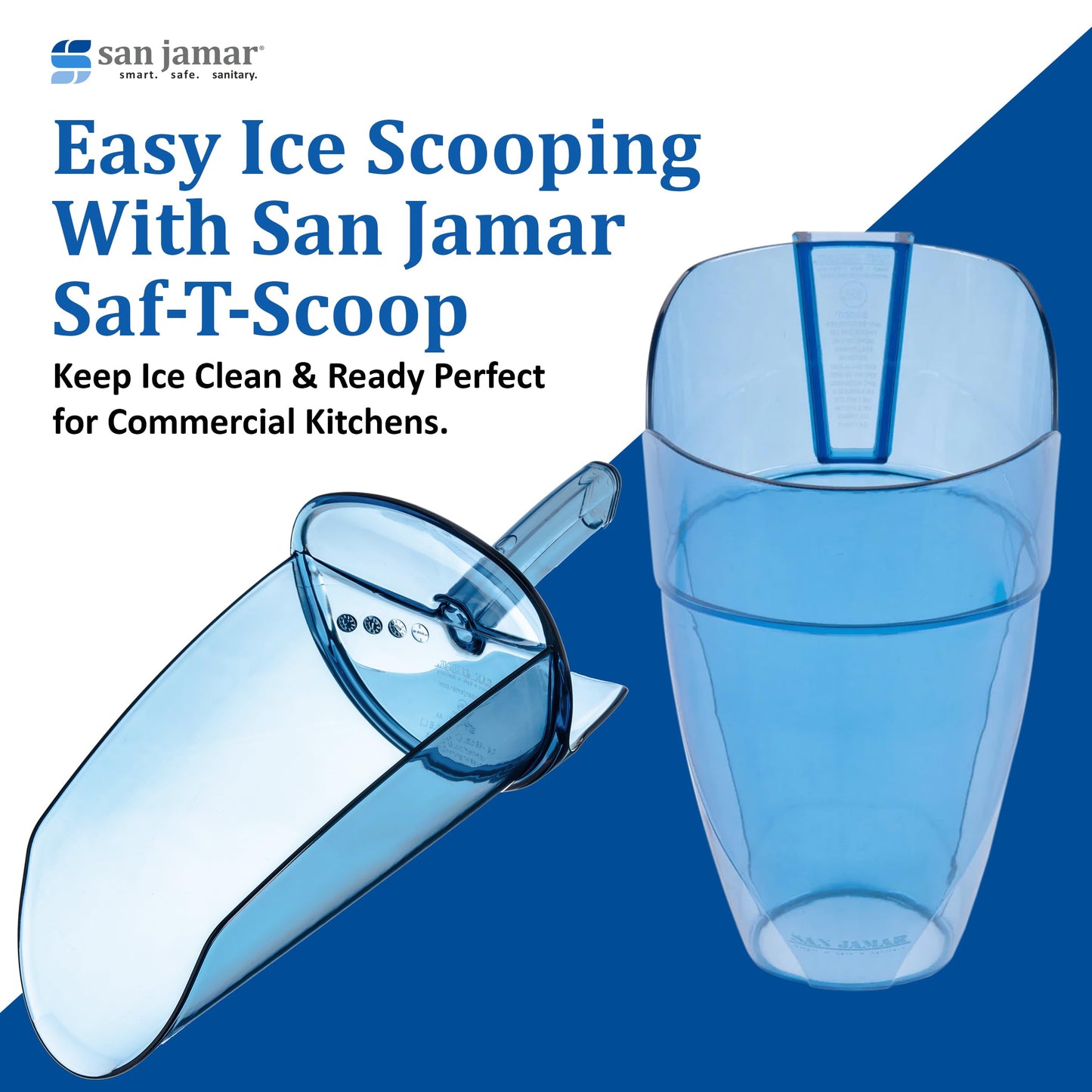 San Jamar Saf-T-Scoop Ice Scoop with Storage Caddy for Kitchens, Restaurants, And Fast Food, Plastic, 64 To 86 Ounces, Blue