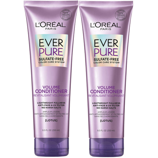 L'Oreal Paris EverPure Volume Sulfate Free Conditioner for Color-Treated Hair, Volume + Shine for Fine, Flat Hair, with Lotus Flower, 2 Count (8.5 Fl