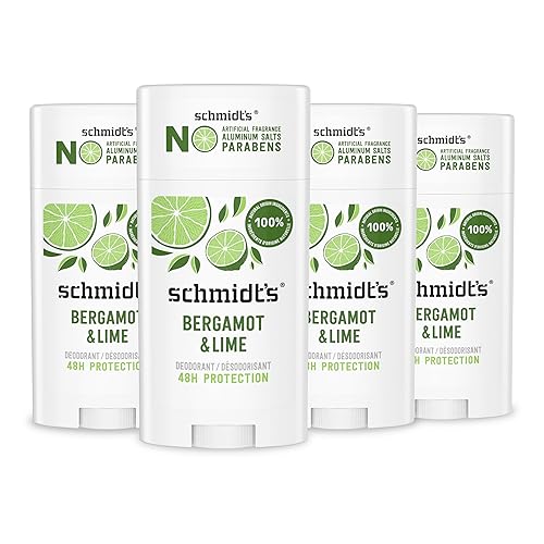 Schmidt's Aluminum-Free Vegan Deodorant Bergamot & Lime 4 Count for Women and Men, with 24 Hour Odor Protection, Natural Ingredients, Cruelty-Free