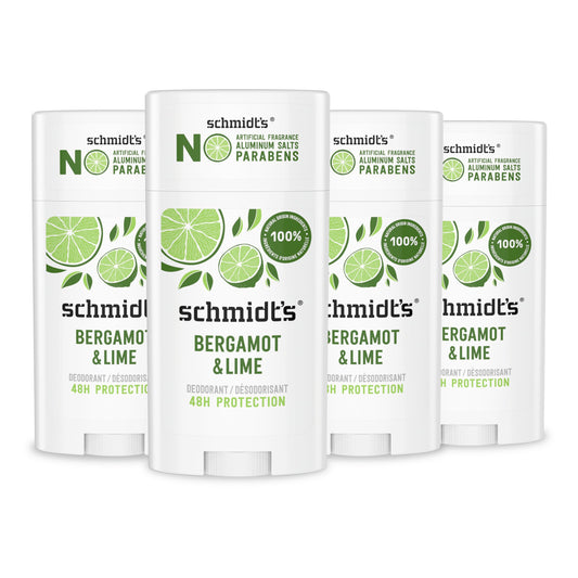 Schmidt's Aluminum-Free Vegan Deodorant Bergamot & Lime 4 Count for Women and Men, with 24 Hour Odor Protection, Natural Ingredients, Cruelty-Free