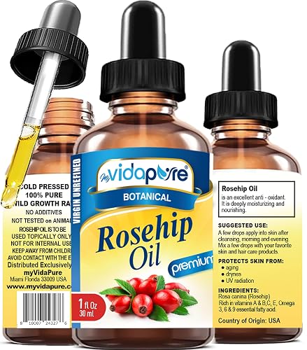 MYVIDAPURE Rosehip Oil Vitamin A, Vitamin C, Vitamen E for Wrinkles, Scars, Stretch Marks, Face, Body, Hair, Lip Care. (1 Fl Oz)