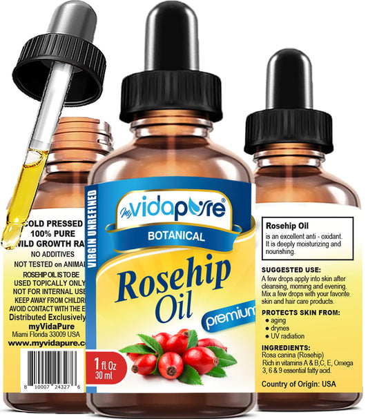 MYVIDAPURE Rosehip Oil Vitamin A, Vitamin C, Vitamen E for Wrinkles, Scars, Stretch Marks, Face, Body, Hair, Lip Care. (1 Fl Oz)