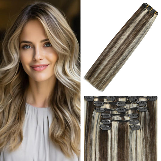 WindTouch Clip In Hair Extensions Human Hair Medium Brown to Blonde Balayage Highlights for Brown Remy Hair 18Inch 75g #4P613 7PCS