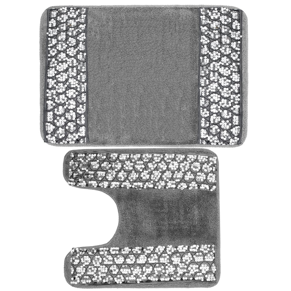 PBP Popular Sinatra Silver Bathroom Banded Bath & Contour Rug Set