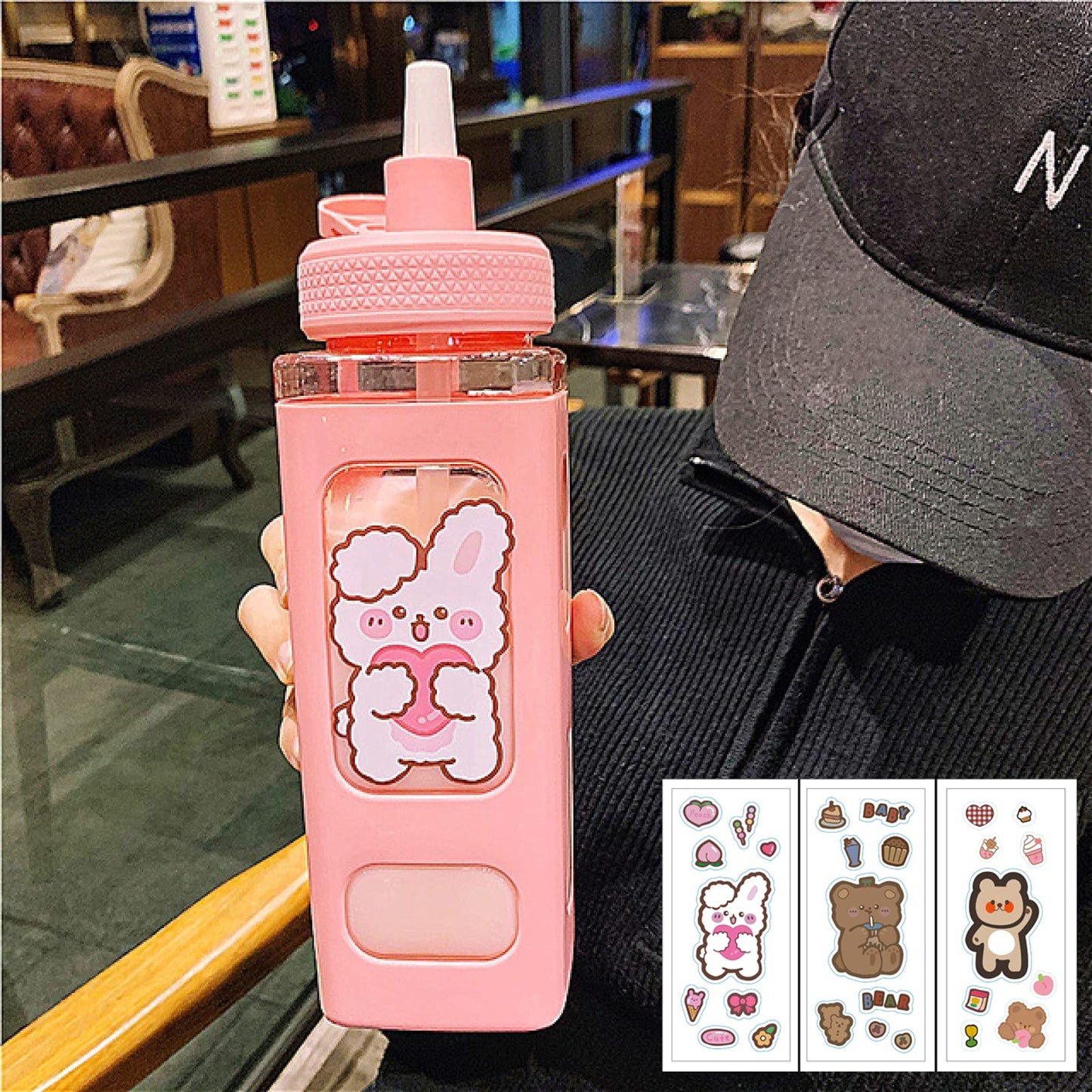 PEXIZUAN Kawaii Bear Water Bottle With Straw Sport Plastic Portable Square Drinking Bottle For Girl Cute Juice Tea Water Cups 700ml(Pink,700ml)
