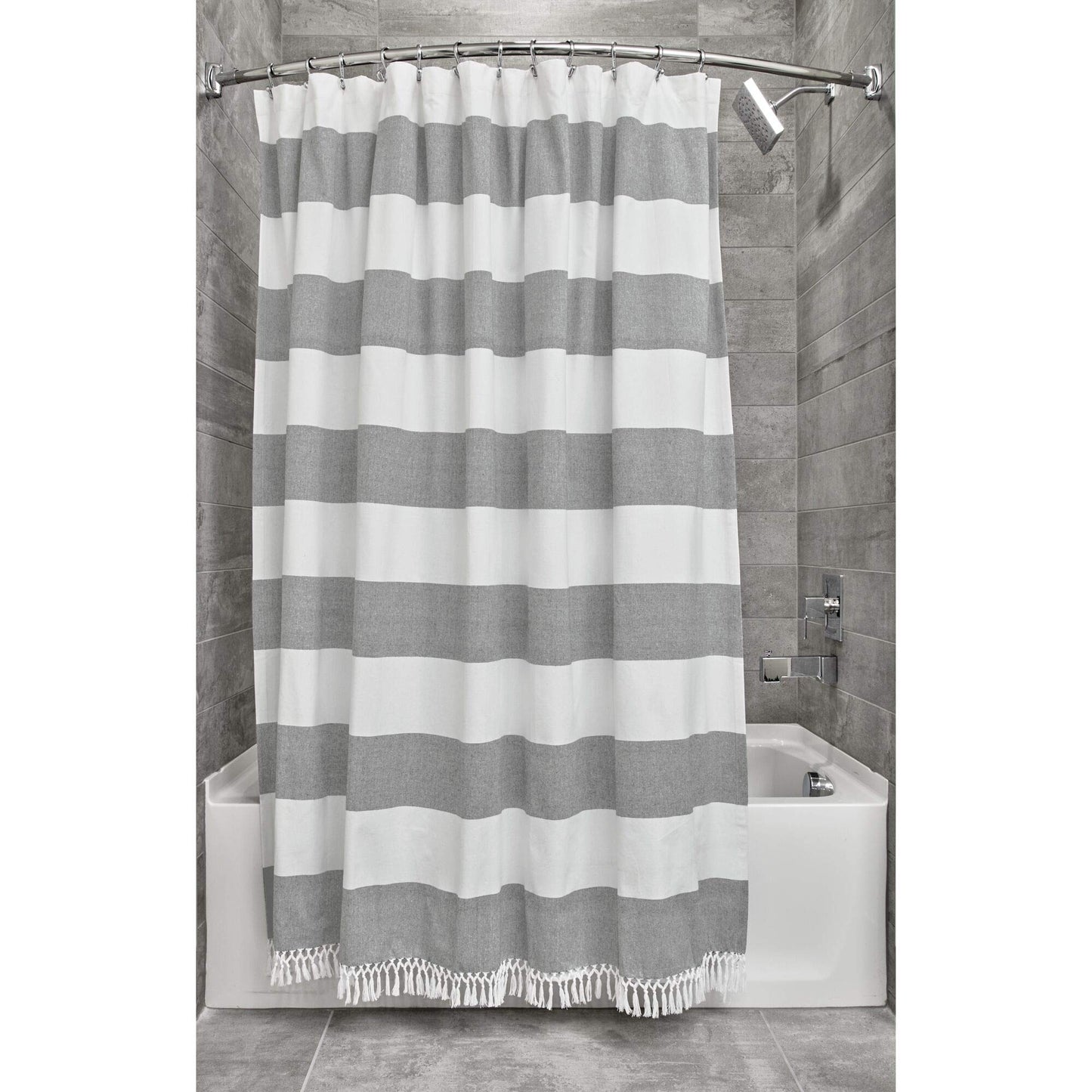 iDesign Wide Stripe Fabric Shower Curtain with Tassels, Fringe for Master, Guest, Kids' Bathrooms, Bathtubs, Stalls, Charcoal