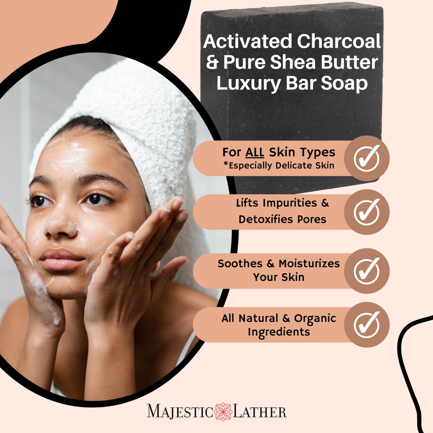 Majestic Lather Activated Charcoal & Shea Butter Luxury Bar Soap for Face, Body, Oily & Sensitive Skin, Eczema, Psoriasis and ACNE. Purifying