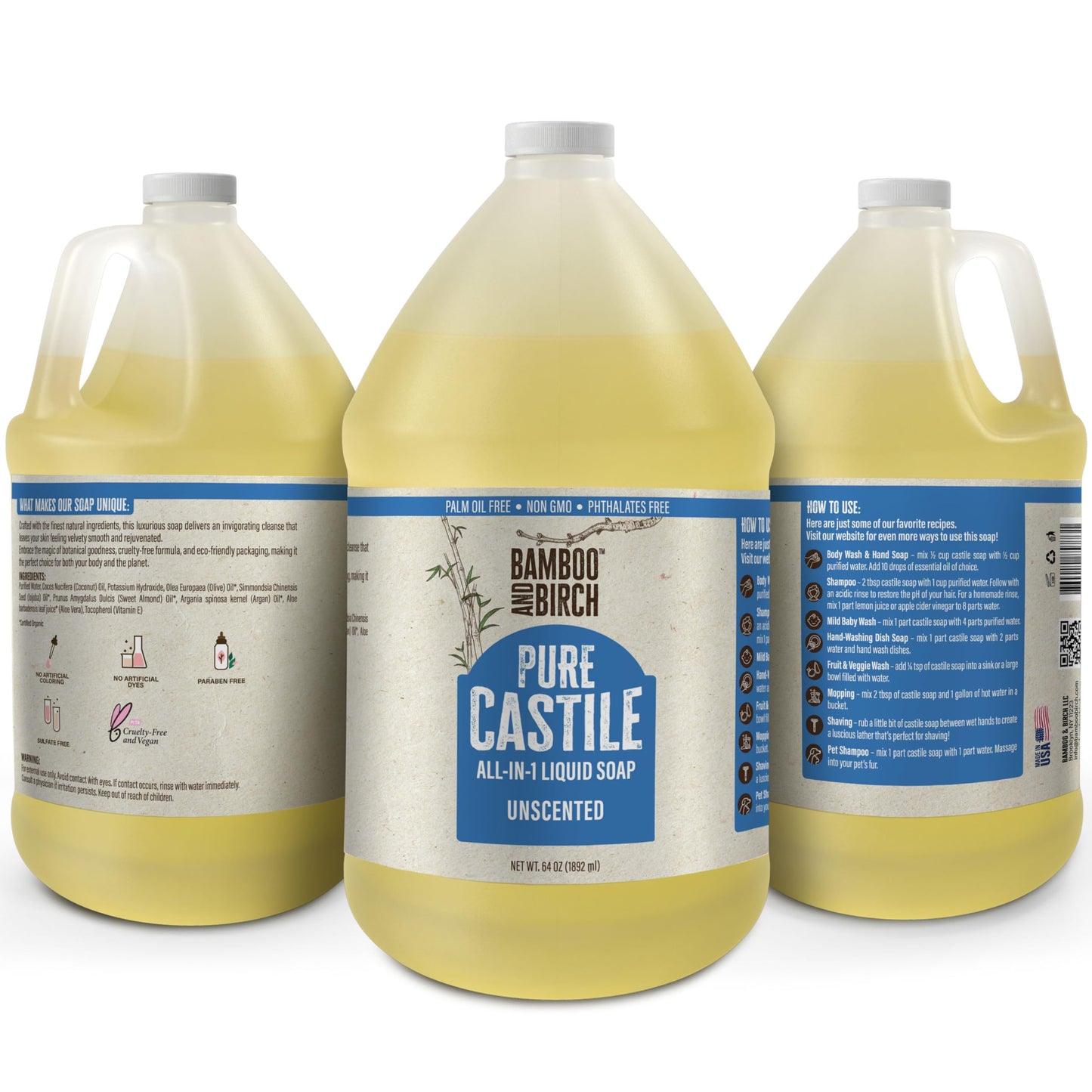 BAMBOO AND BIRCH Pure Castile Soap Liquid, Unscented, 64 oz Beauty and Personal Care BAMBOO AND BIRCH