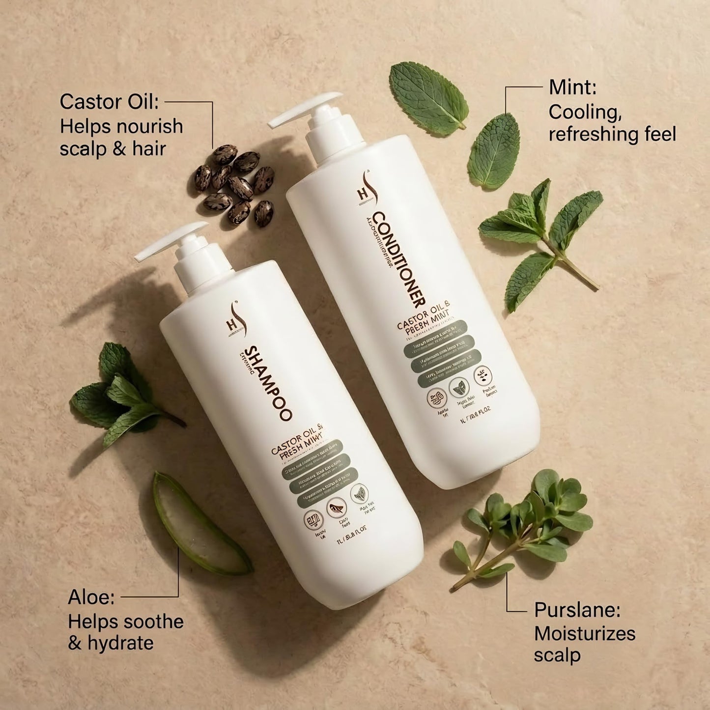 HerStyler Castor Oil Shampoo and Conditioner Set for Men - Cooling Mint Sensation - Contains Aloe and Purslane - Soothes Dry Flaky Scalp - Softer