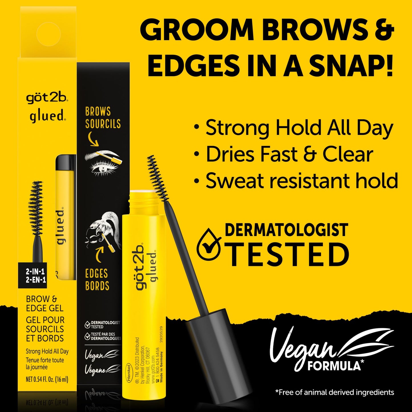 got2b Glued 2-in-1 Brow Gel & Edge Control, 0.54 Fl Oz, Strong Hold Styling Eyebrow Gel and Hair Mascara for Flyaways and Frizz with Castor Oil