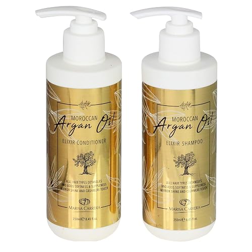Marisa Carrera Moroccan Argan Oil Elixir Shampoo & Conditioner. Volumizing & Moisturizing, Gentle on Curly & Color Treated Hair, for Men & Women.250