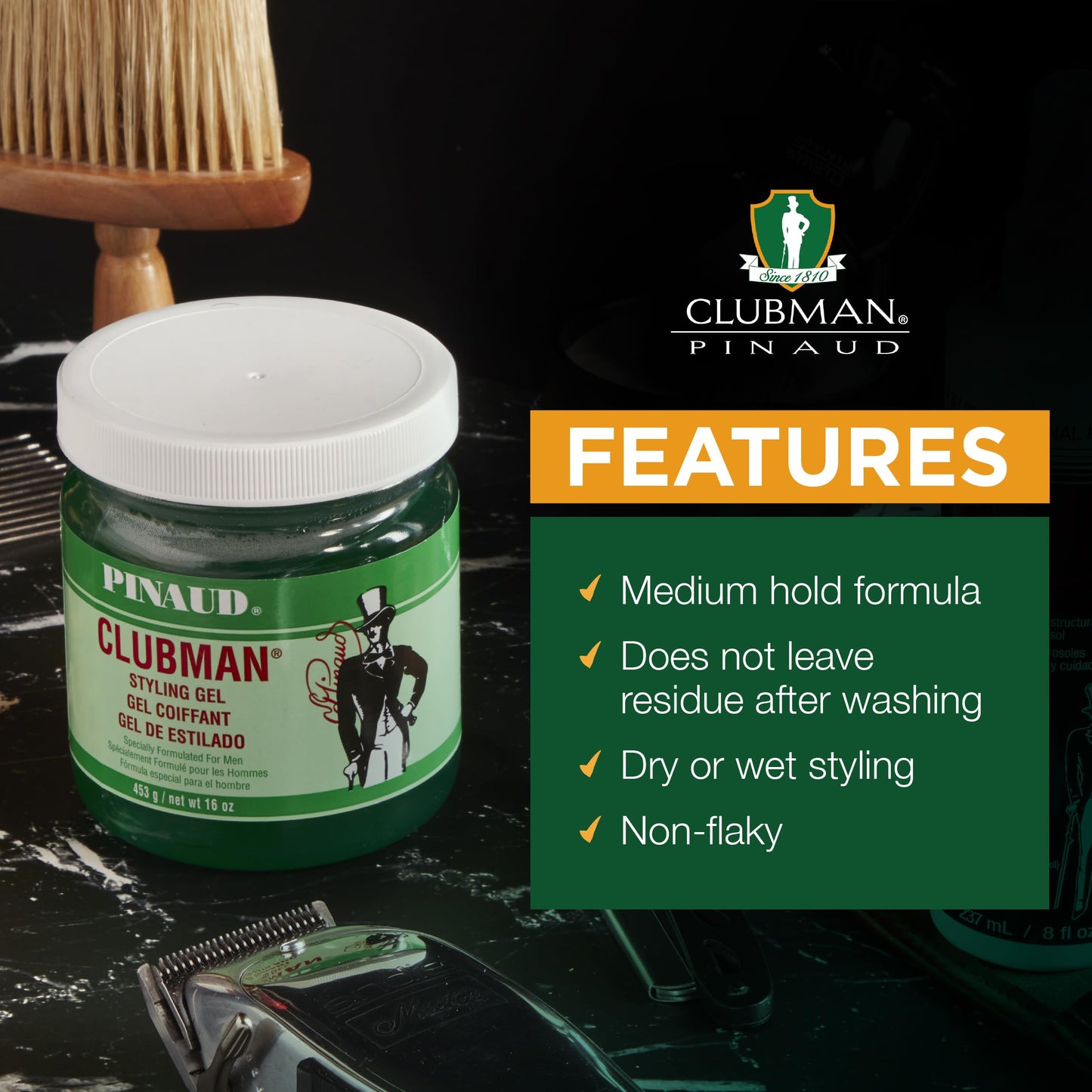 Clubman Pinaud Hair Styling Gel - Regular Hold & High Shine Hair Gel for Men, Alcohol-Free Formula, Men's Grooming, 16 oz