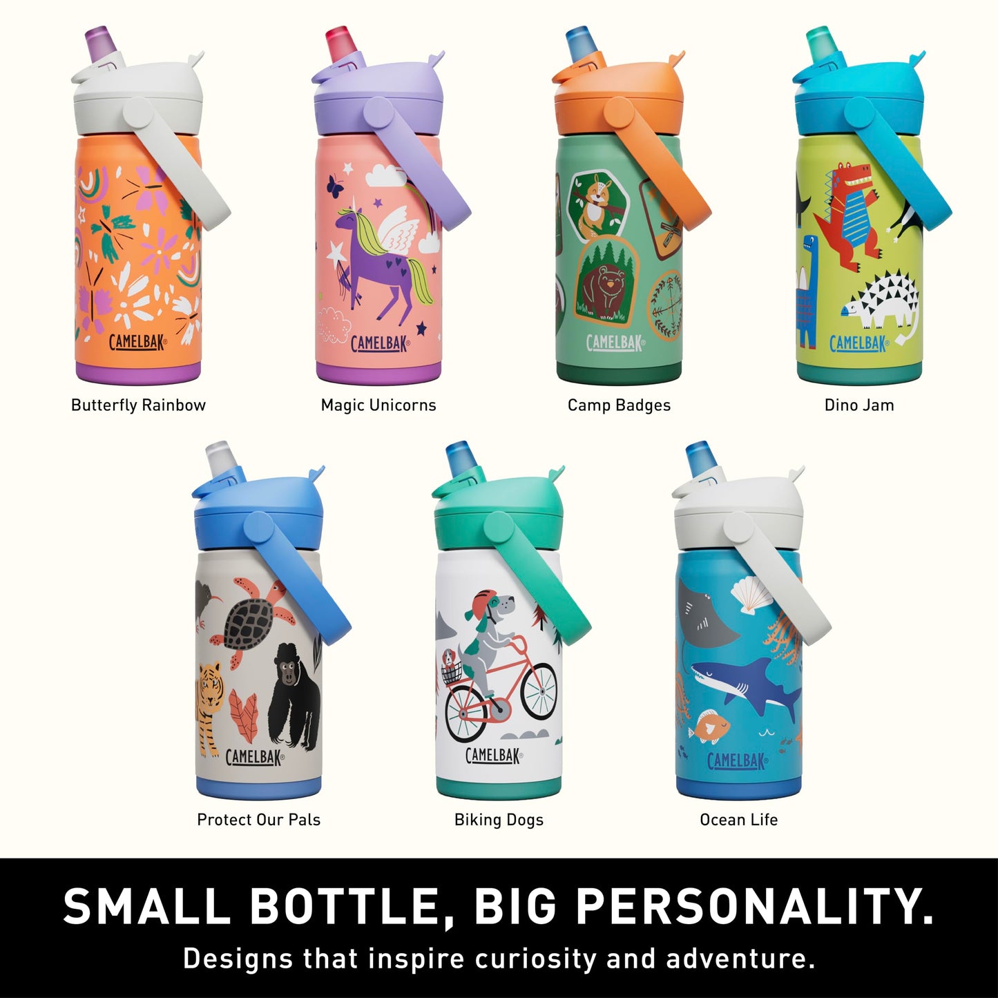 CamelBak Thrive Flip Straw Kids Bite Valve Stainless Steel Water Bottle Biking Dogs, 12oz