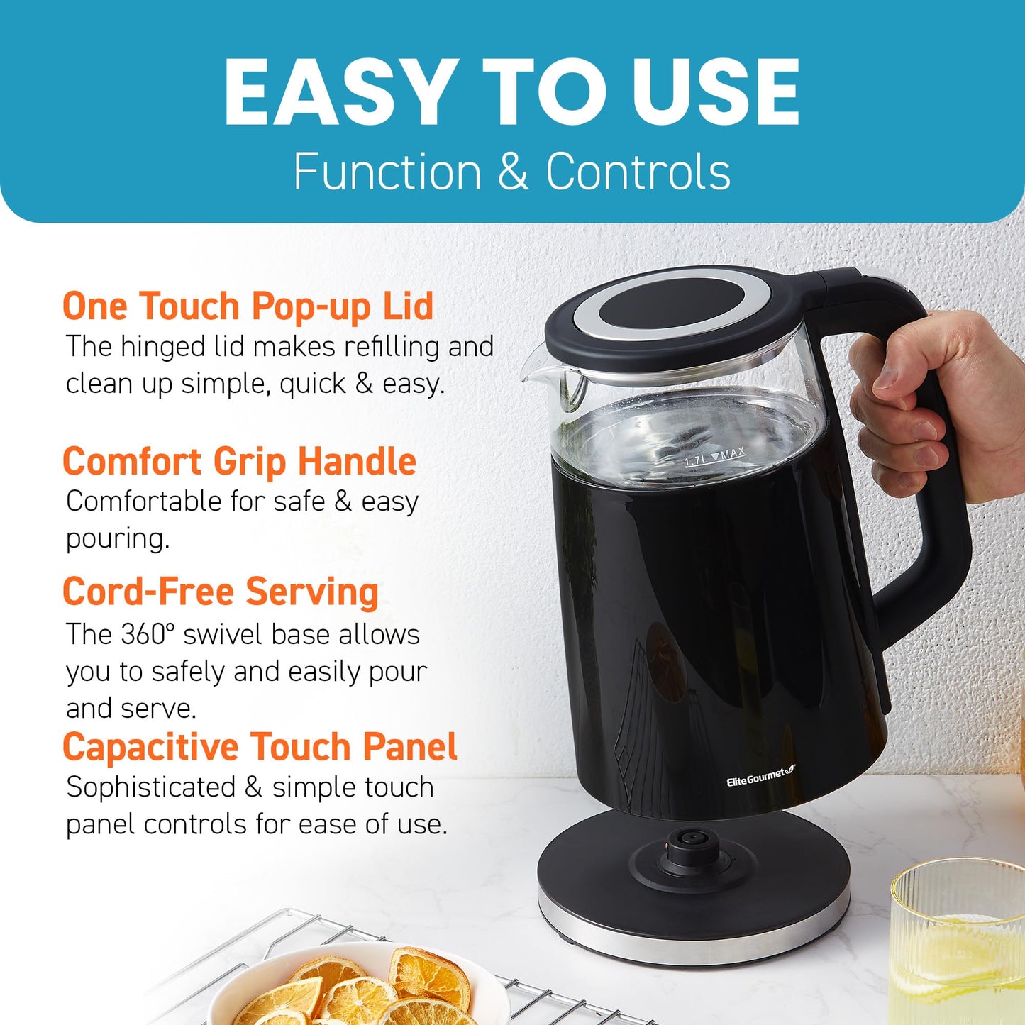 Elite Gourmet EKT8717 1.7L Dual Wall Cool Touch Electric Tea Kettle, Borosilicate Glass, 304 Stainless Steel Interior, Programmed Digital…