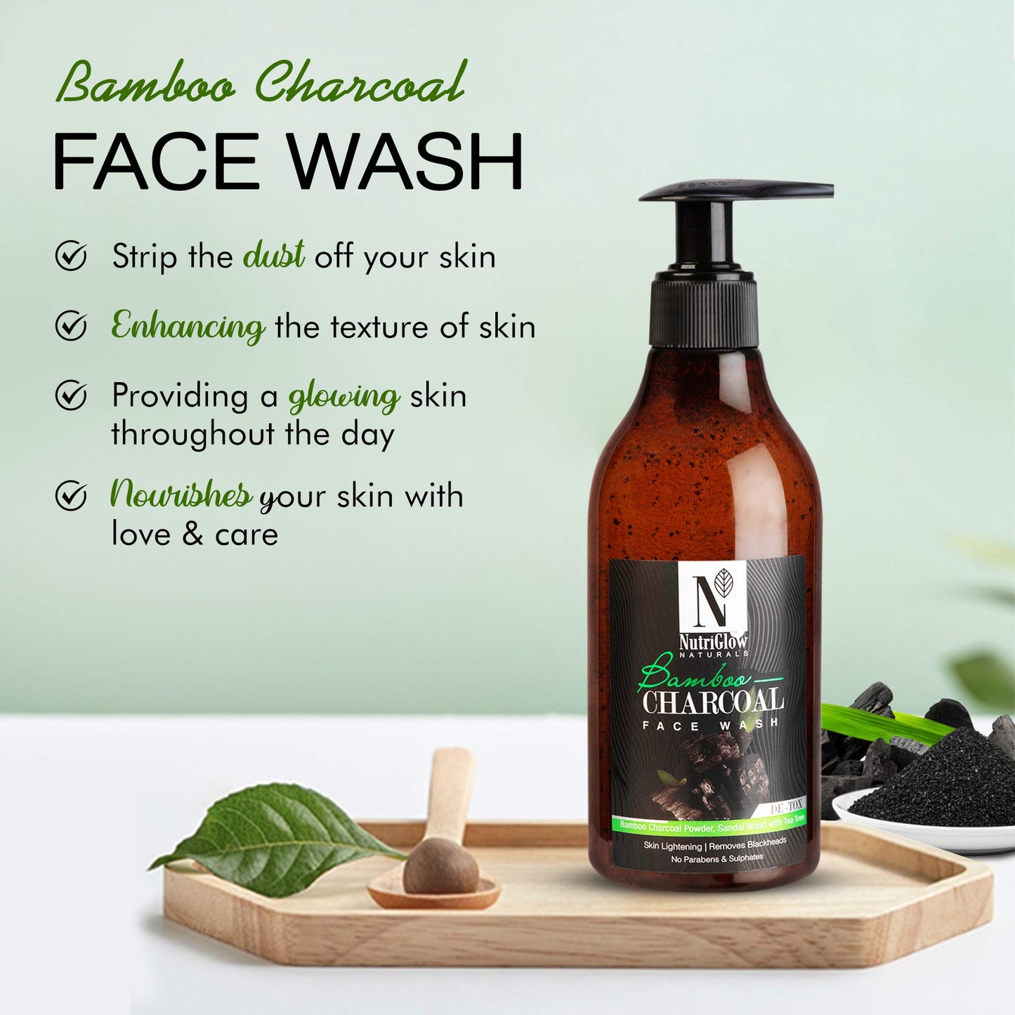 NUTRIGLOW NATURAL'S Bamboo & Charcoal Acne Face Wash With Rasberry Seed Oil, Jojoba Ester, Sandalwood & Aloe vera, Smoothen & Detox, Skin Lightening