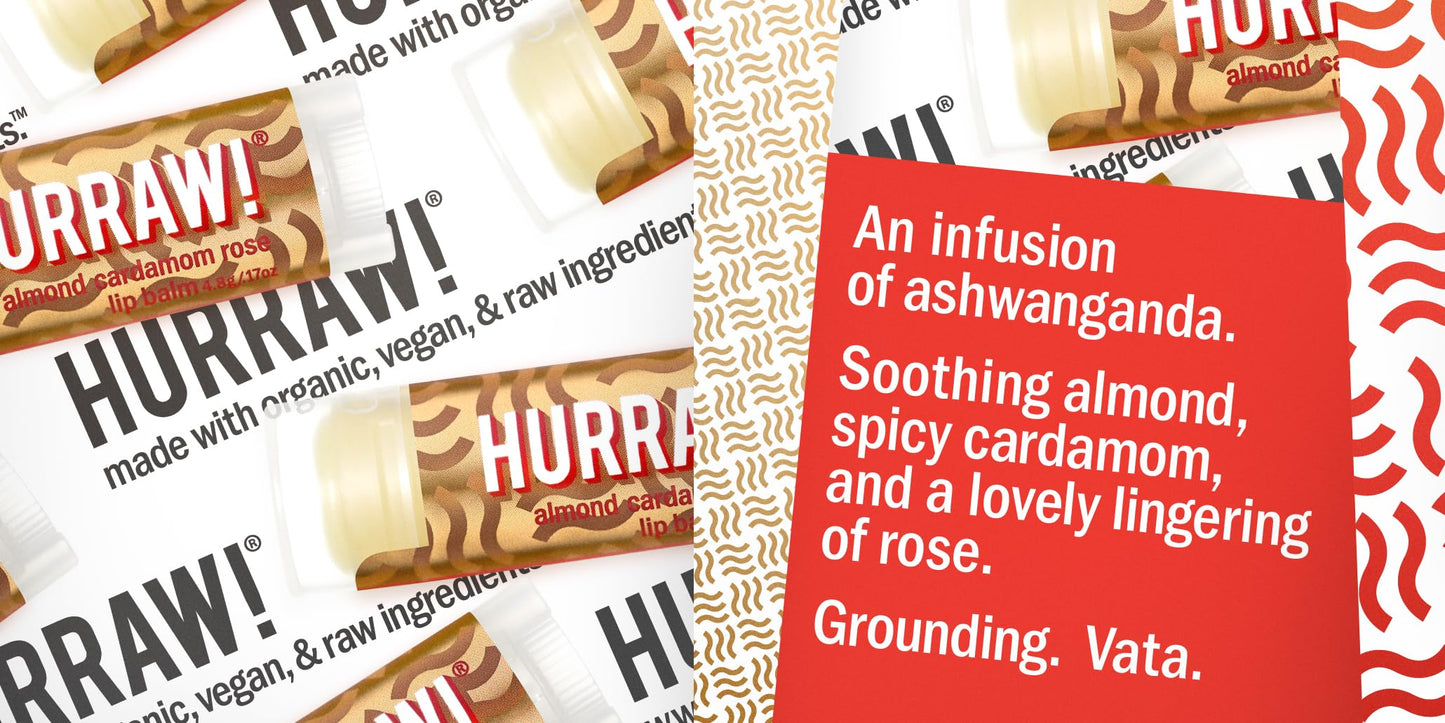 Hurraw! Almond, Cardamom, Rose (Vata) Lip Balm, 3 Pack: Organic, Certified Vegan, Cruelty and Gluten Free. Non-GMO, 100% Natural Ingredients. Bee
