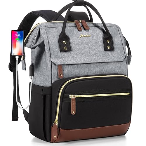 Focdod Women Laptop Backpack Work Bag: 17 inch Travel Computer Backpacks for Nurse Teacher Waterproof College Bookbag with USB Charger Anti-theft Casual Business Backpack Purse Black Grey Brown
