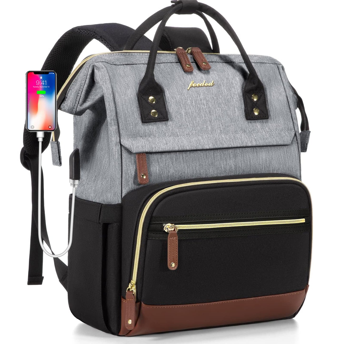 Focdod Women Laptop Backpack Work Bag: 17 inch Travel Computer Backpacks for Nurse Teacher Waterproof College Bookbag with USB Charger Anti-theft Casual Business Backpack Purse Black Grey Brown
