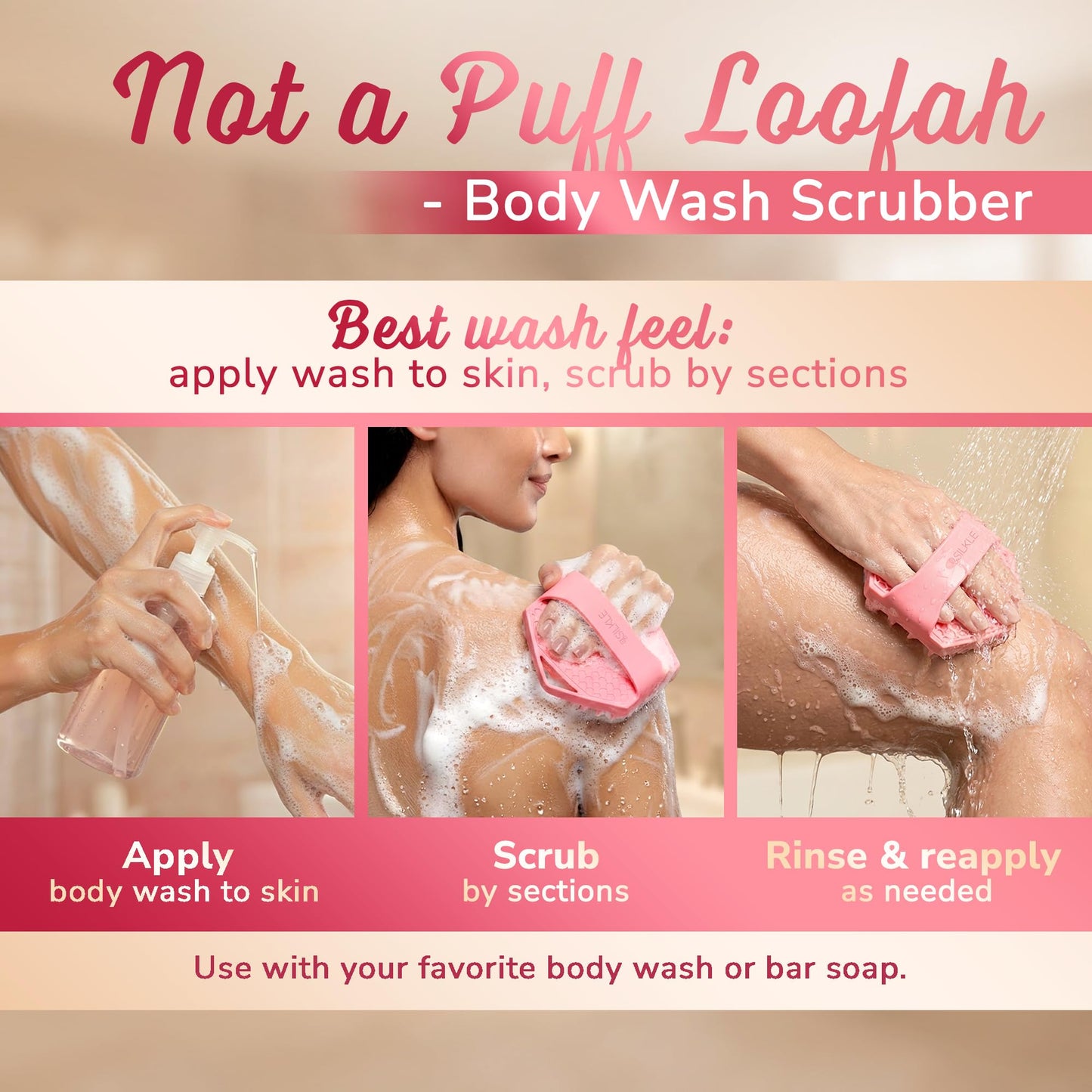 SILKLE Silicone Body Scrubber - Gentle Exfoliating Shower Scrubber for Body & Bath, Silicone Shower Brush & Loofah Alternative - Non-Slip Silicone Beauty and Personal Care SILKLE