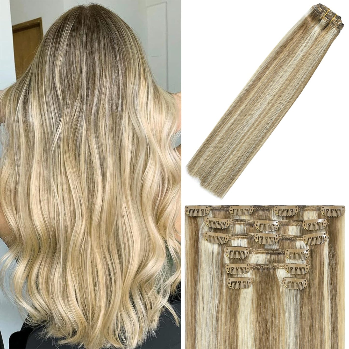 WindTouch Clip in Hair Extensions Human Hair Balayage Mixed Bleach Blonde 75g 22Inch #18P613 Remy Hair Extensions 7PCS