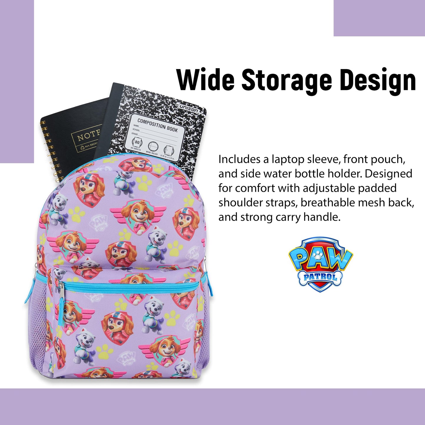 Paw Patrol Backpack for Kids - Chase, Skye, Marshall, Rubble, Rocky, Zuma, Everest, Liberty, and Ryder School Book Bag - Backpack for Boys Girls Toddlers and Adults - for Laptop and Lunch Box (Pink)