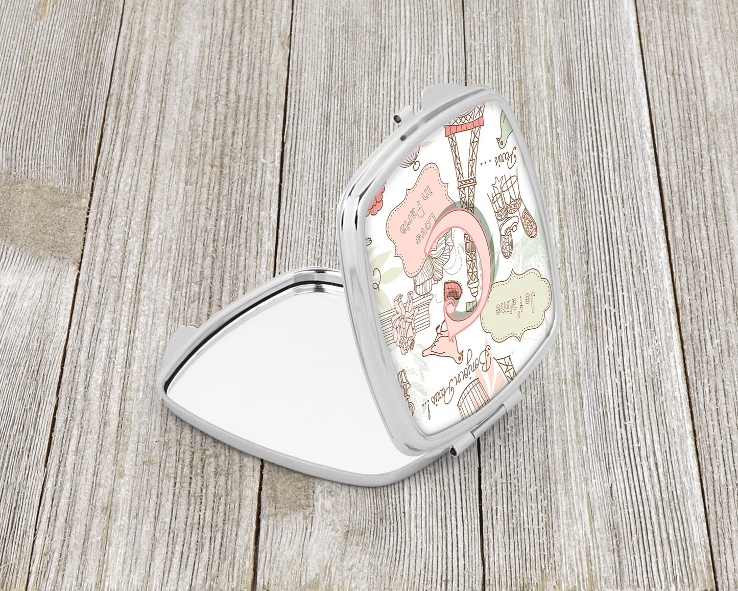Caroline's Treasures CJ2002-CSCM Letter C Love in Paris Pink Compact Mirror Decorative Travel Makeup Mirror for Women Girls Gifts Pocket Makeup Mirror