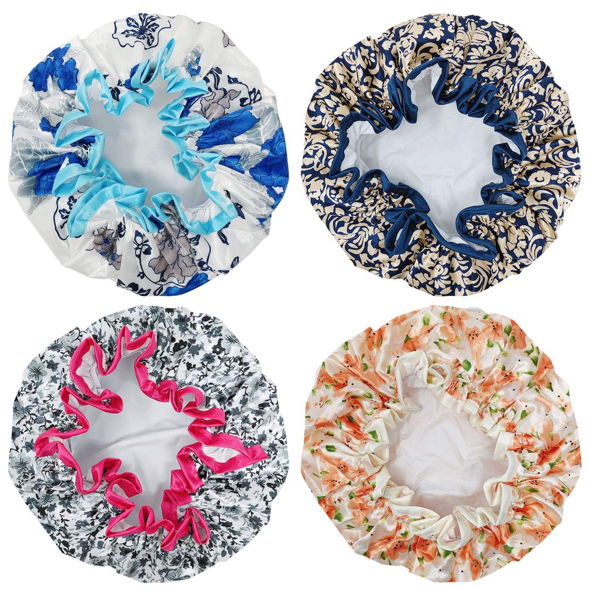 Wrapables® Stylish Double Layer Waterproof Shower Caps (Set of 4), Majestic Floral