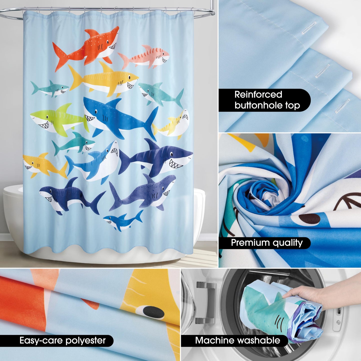 Allure Home Creation Colorful Sharks Shower Curtain 70"x72"