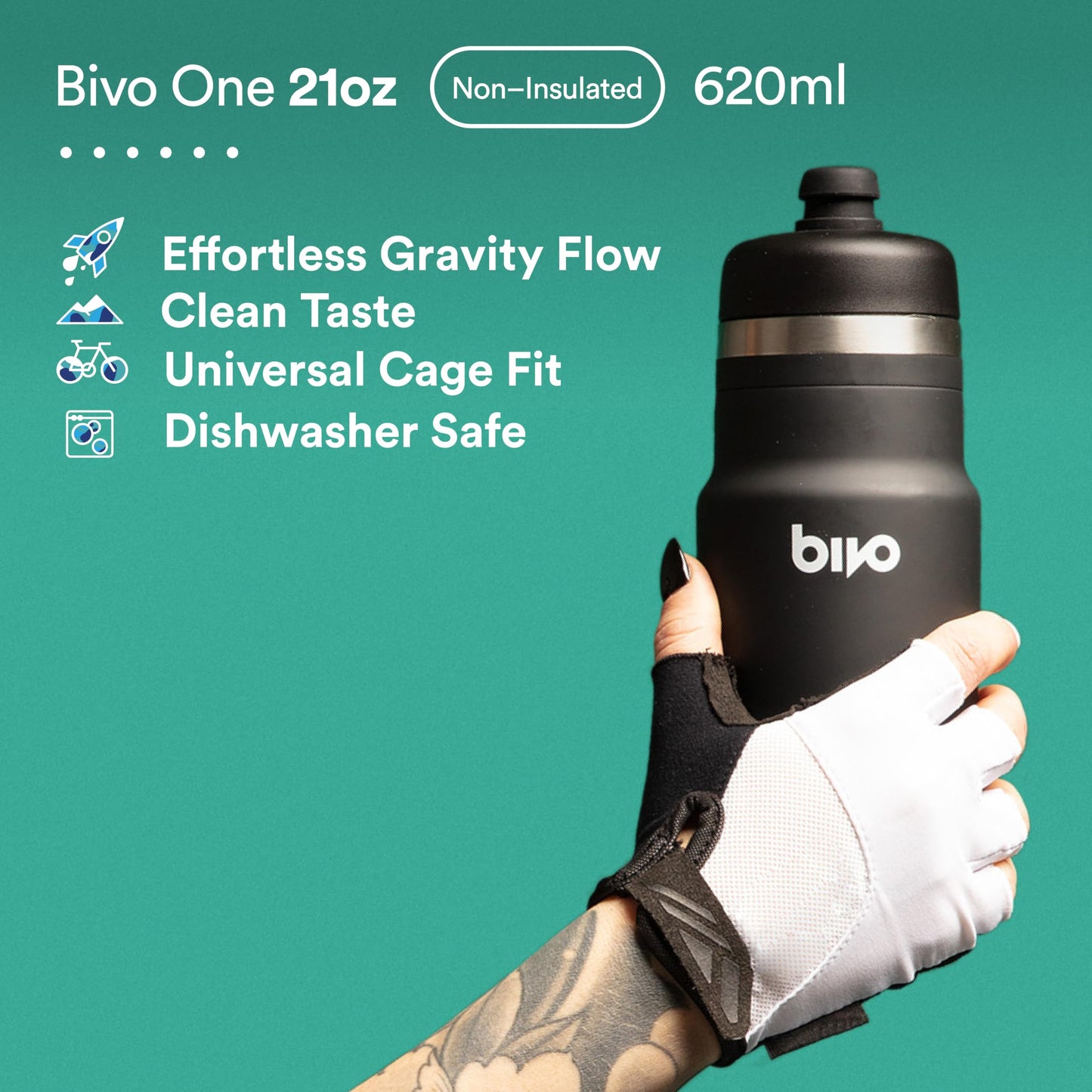 Bivo One 21oz Non Insulated Stainless Steel Bike Water Bottle - Lightweight for Cycling, Travel, Kids - No Plastic Taste, Fits Most Cages, Dishwasher