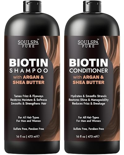 SOULSPA PURE Biotin Argan Oil Shampoo and Conditioner Set - Shea Butter Moisturizing Formula for Curly, Dry & Damaged Hair - Deep Hydration for Men