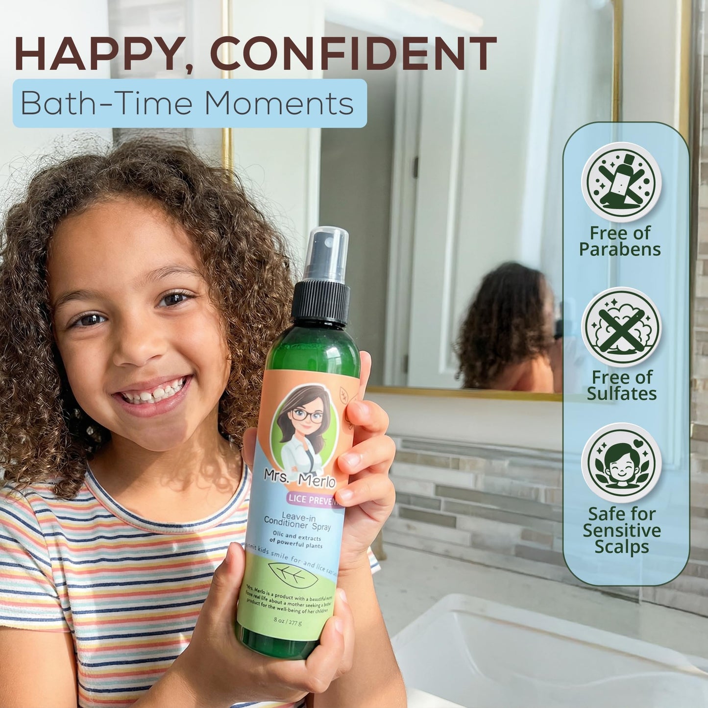 Mrs. Merlo Lice Prevention Leave-In Conditioner Spray for Kids - Natural Daily Detangler with Plant Oils & Extracts - Gentle, Non-Greasy Formula