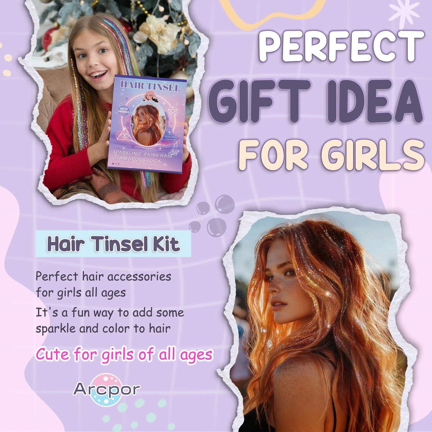Hair Tinsel, Purple Fairy Hair Tinsel Kit for Teen Girls Heat Resistant Glitter Hair Extensions for Christmas Party Festival(Purple, 48 Inch) Beauty and Personal Care Arcpor