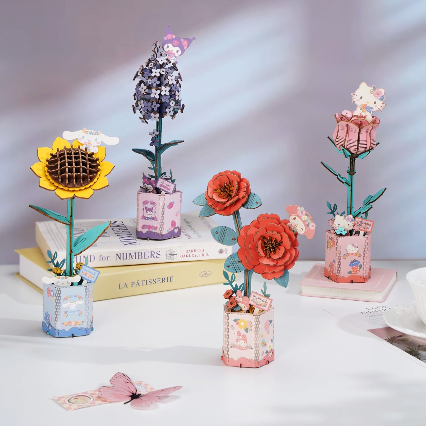 Hands Craft Lilac Hello Kitty & Kuromi 3D Wooden Puzzle Kit – DIY Flower Model, Arts & Crafts Hobby Set for Kids & Adults, Fun Gift