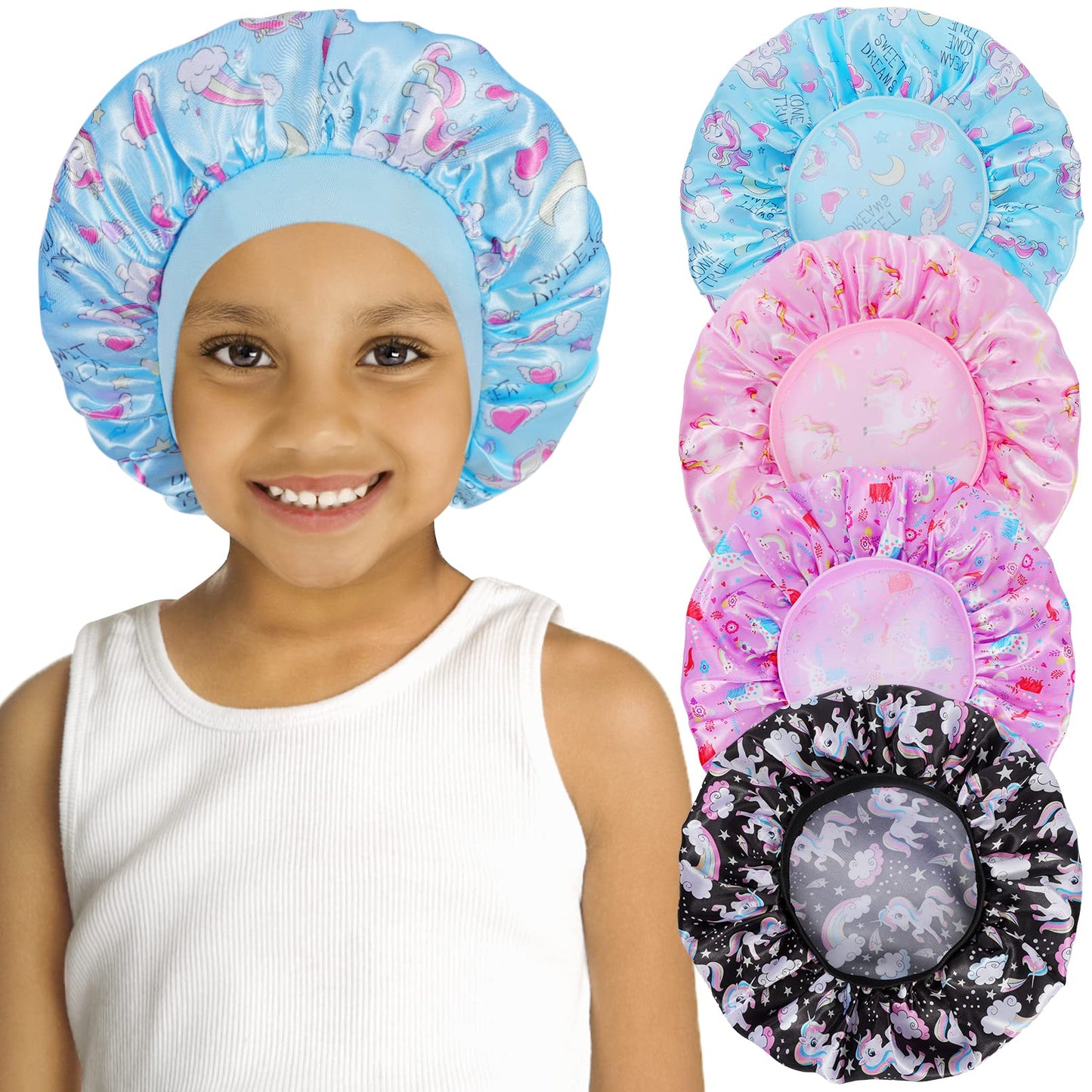 4 PCS Kids Satin Bonnet Child Sleeping Cap,Soft Silk Bonnet Elastic Wide Band,Breathable Baby Bonnets Night Sleep Caps,Colorful Night Hats for Girls