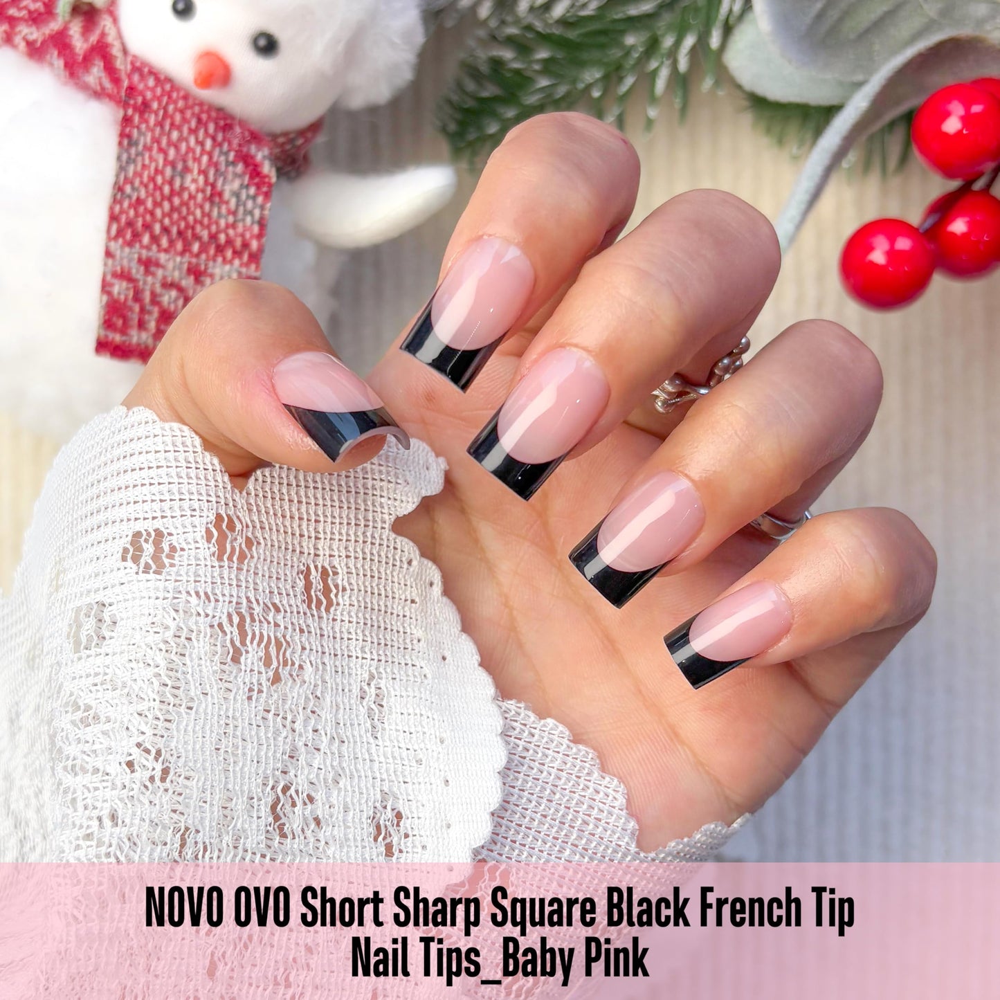 NOVO OVO Short Sharp Square Black French Tip Nail Tips Press on BABY PINK, Extra Thick NEED Nail Glue Builder Gel Top Coat, Soft Gel Full Cover Fake Beauty and Personal Care NOVO OVO