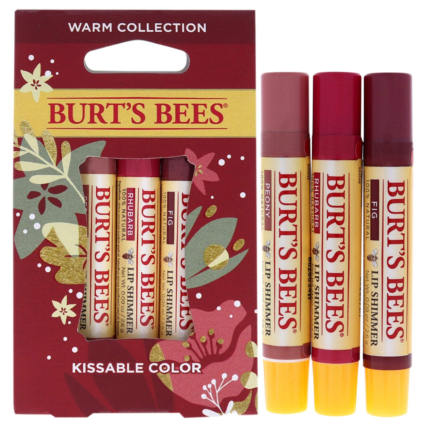 Burts Bees Kissable Color Warm Collection Unisex Lip Shimmer Peony, Rhubarb, Fig 3 oz