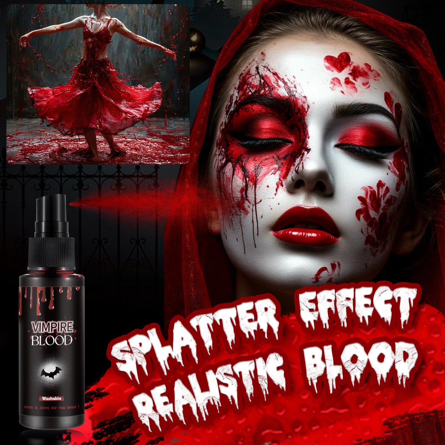 Halloween Fake Blood Spray, Washable Fake Blood Makeup, Halloween Realistic Fake Blood for Face Body Paint, Perfect for Vampire Makeup, Clown & Sfx