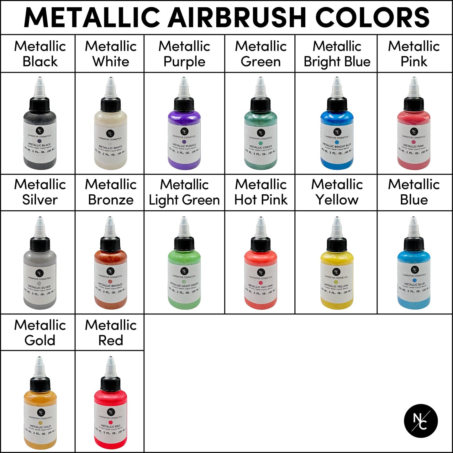 Narrative Cosmetics Metallic Alcohol Airbrush Paints - 2 fl oz, Skin Safe, Quick Dry, Waterproof, Sweatproof, Transferproof Liquid Makeup