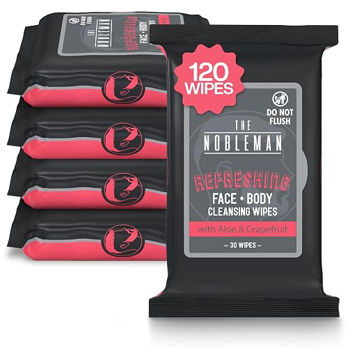 The Nobleman Face + Body Cleansing Wipes: Refreshing - with Aloe & Eucalyptus - 120 TOTAL WIPES (30ct x 4) - Travel-Friendly, Skin-Nourishing
