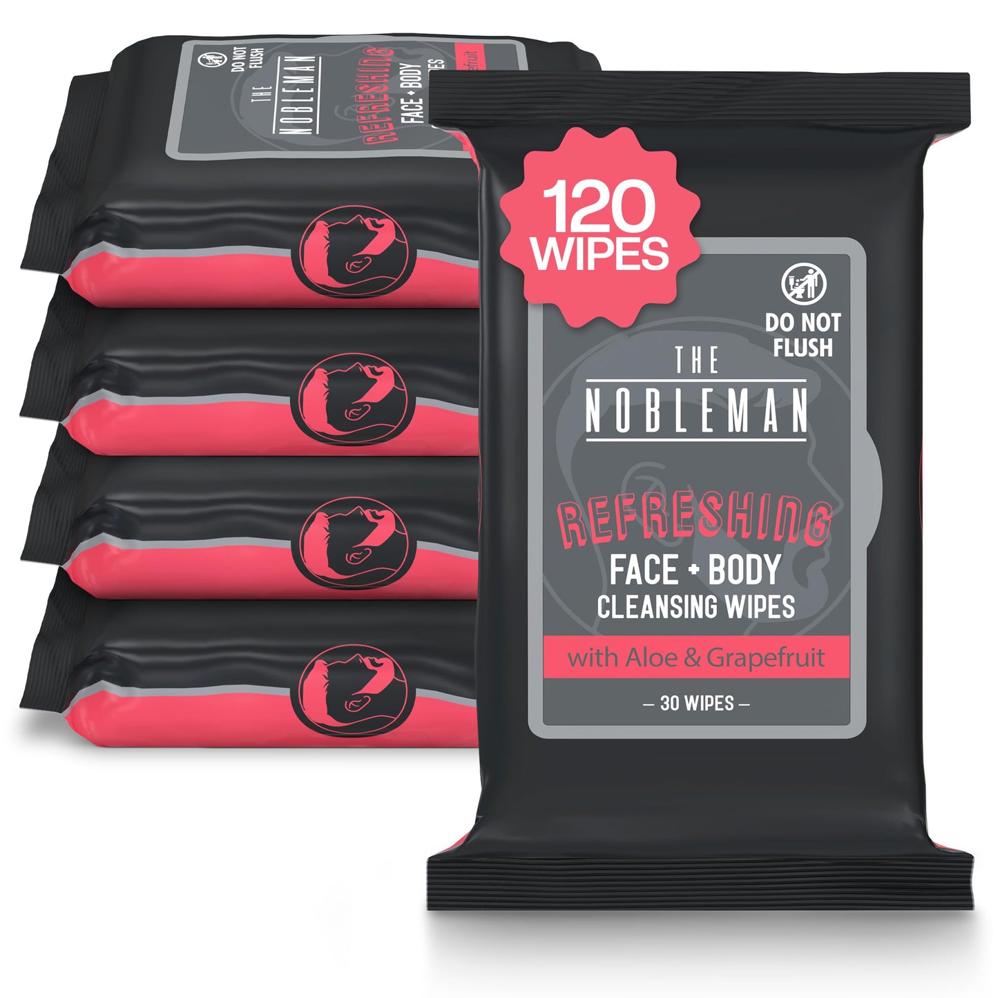 The Nobleman Face + Body Cleansing Wipes: Refreshing - with Aloe & Eucalyptus - 120 TOTAL WIPES (30ct x 4) - Travel-Friendly, Skin-Nourishing