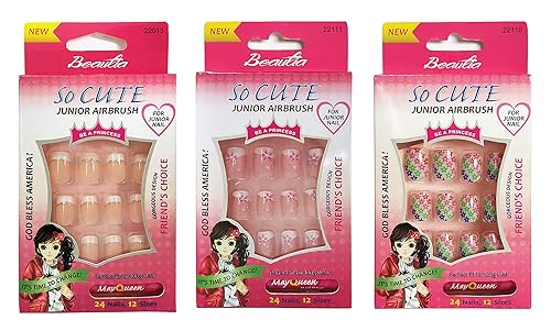 Beautia 3PACK 72tips So Cute Junior False Fake Nails With Glue for Kids
