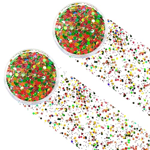 Red Green Gold Mixed Holographic Chunky Glitter, 13g (2 Jars x 6.5g) Crafts Glitter Powder with 10g Gel and Brush, Christmas Iridescent Nail Sequins