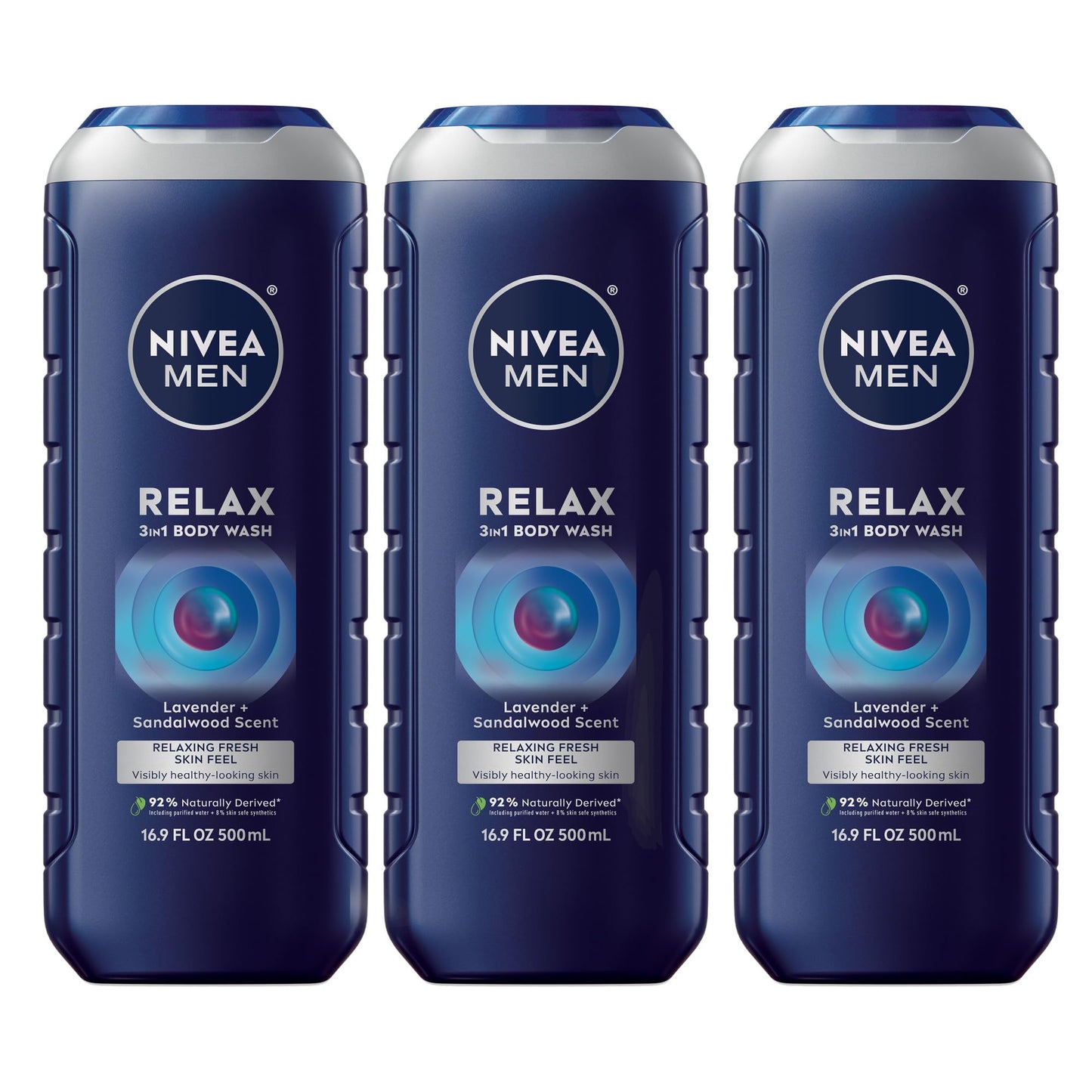 NIVEA MEN Relax Body Wash, Lavender and Sandalwood Scent, 3-in-1 Men's Body Wash, Face and Hair, Paraben Free, Vegan Formula, pH-Skin Friendly, 16.9