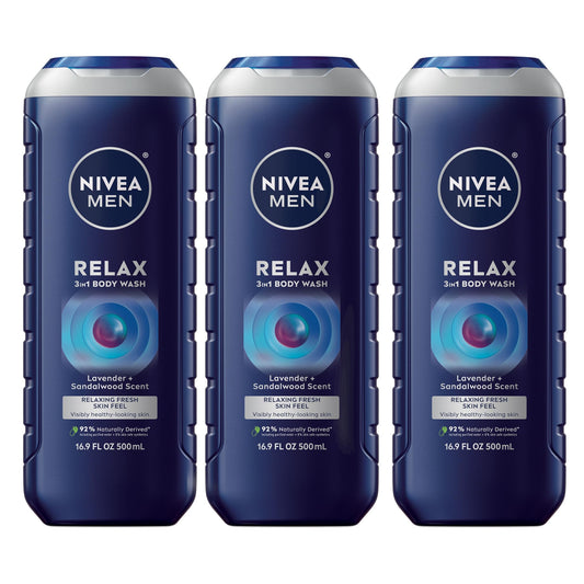 NIVEA MEN Relax Body Wash, Lavender and Sandalwood Scent, 3-in-1 Men's Body Wash, Face and Hair, Paraben Free, Vegan Formula, pH-Skin Friendly, 16.9