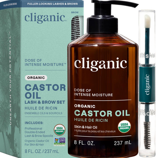 Cliganic Organic Castor Oil, 100% Pure - For Hair, Skin, Face, Eyelashes & Eyebrows | Natural Cold Pressed Unrefined Hexane-Free (8oz)