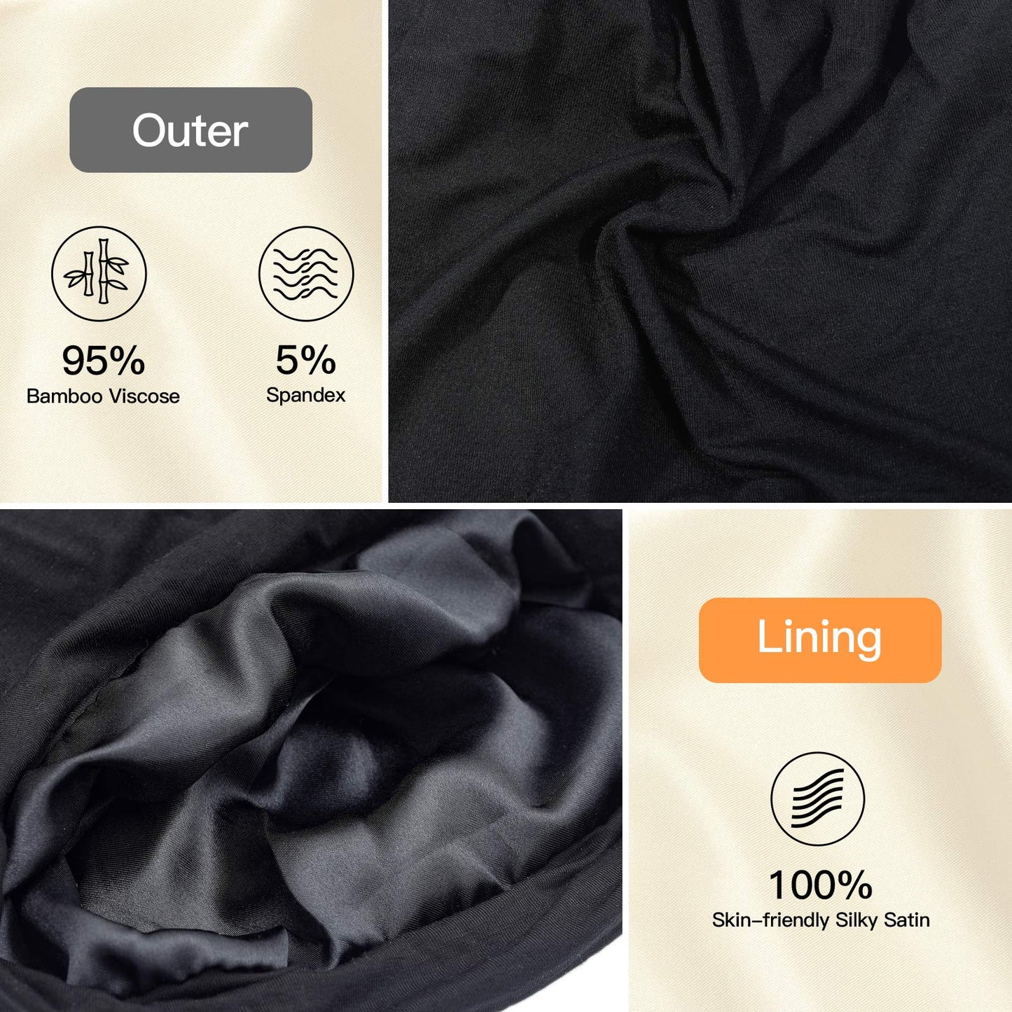 Silk Satin Lined Bonnet Sleep Cap - Adjustable Stay on All Night Hair Wrap Cover Slouchy Beanie for Curly Hair Protection for Women and Men - Black Beauty and Personal Care GB Selected