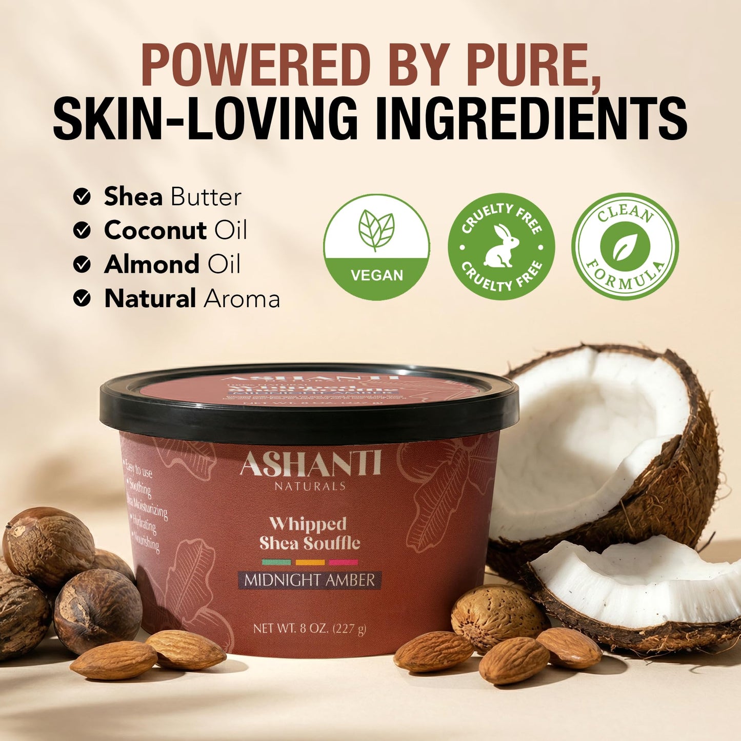 Ashanti Naturals Scented Whipped Shea Butter for Skin | African Body Butter for Women w/Coconut, Almond Oil (Midnight Amber Souffle, 8 oz)