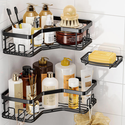 MAXIFFE 3-Pack Corner Shower Caddy with Soap Holder, Large Capacity No-Drill Stainless Steel Organizer, Holds 40 lbs, Bathroom Storage, Black